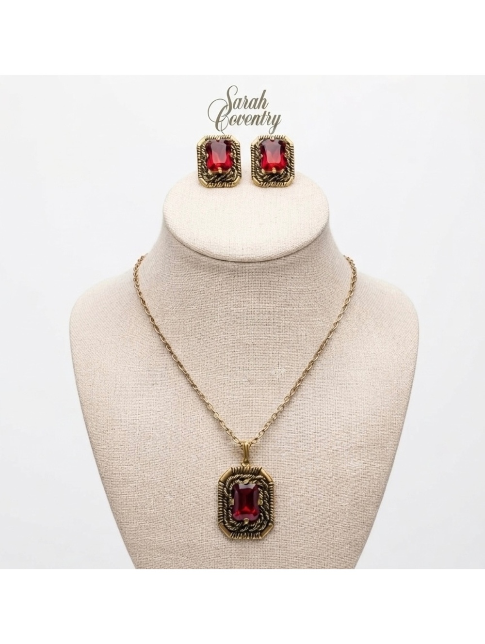 Sarah Coventry Vintage Red Stone Gold Tone Necklace and Clip Earrings Set